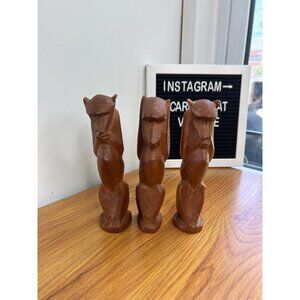 Wooden hand carved see hear speak no evil monkey set